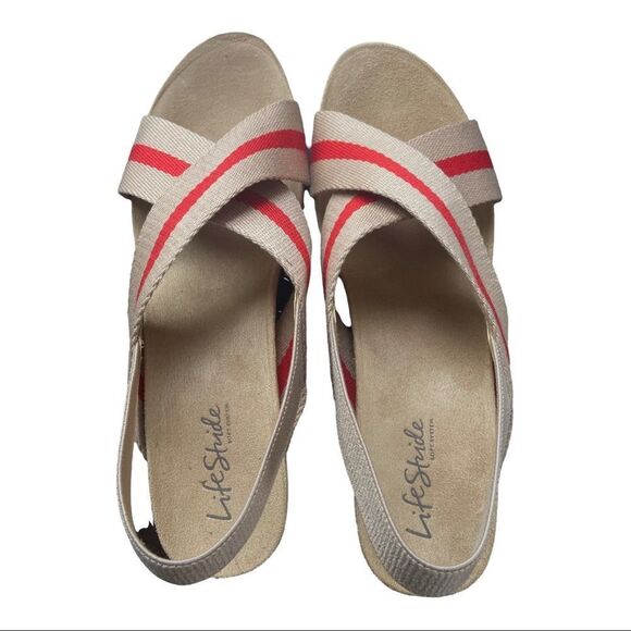 LIFE STRIDE Dream Big Stretch Gore Wedge Sandal Blush Red Size 9.5 - Picture 1 of 11